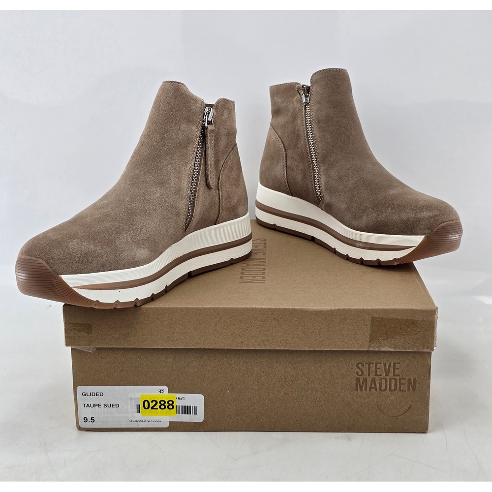 Steve Madden Glided Ankle Boots Womens 9.5 Taupe Suede Platform Wedge -VG